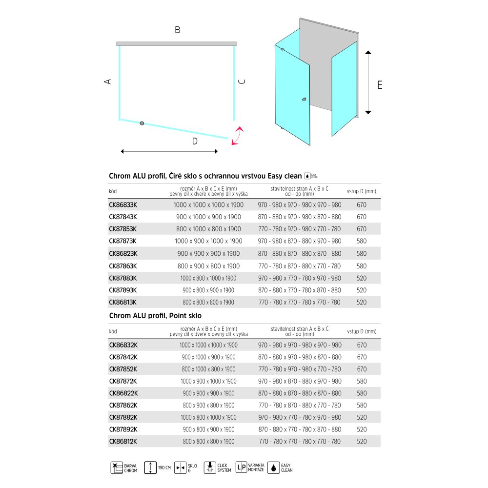 MEREO Sprchový kout, LIMA, obdél.,pivot. dveře, 2xboční stěna, 90x100x90x190cm, chrom ALU, sklo Point 6mm (CK87842K)