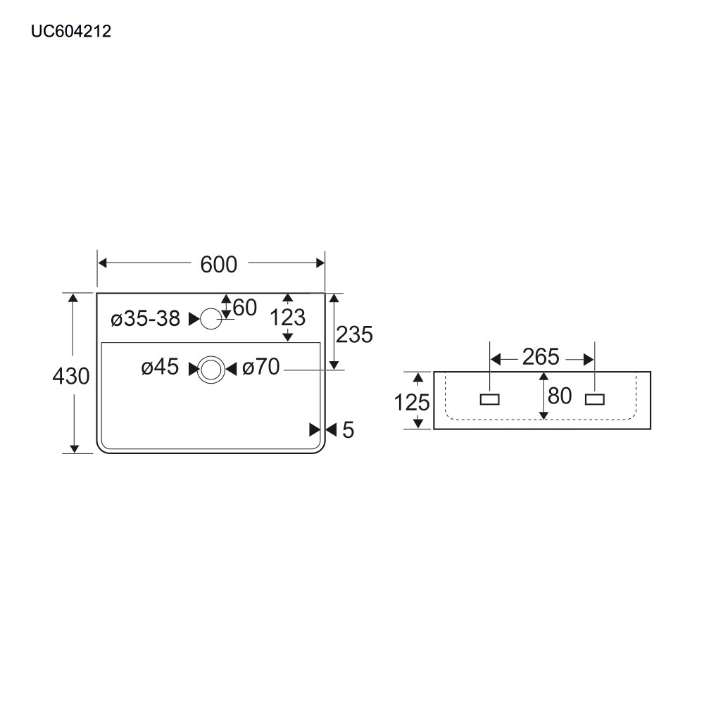 Mereo Umyvadlo na desku i zavěšení s přepadem, 600x430x125 mm, keramické - pro zaslání na paletě