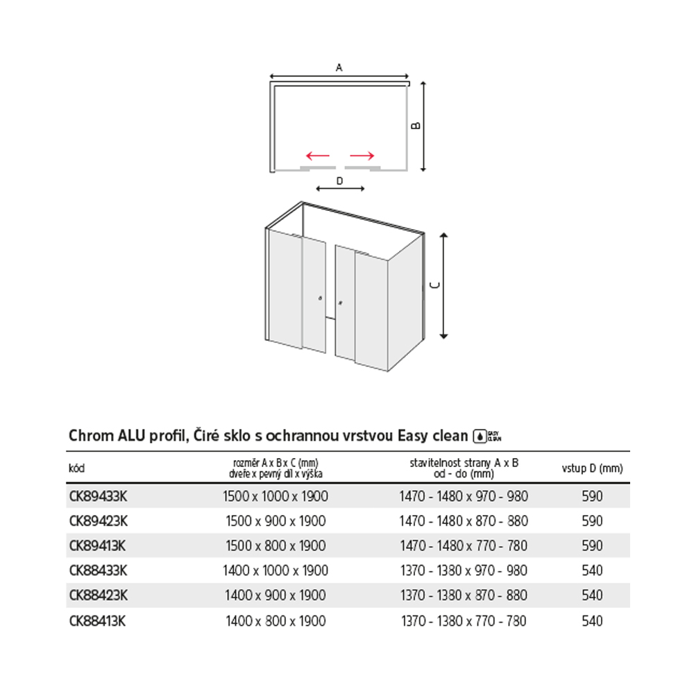 Mereo Sprchový kout, Lima, obdélník, 140x100x190 cm, chrom ALU, sklo Čiré