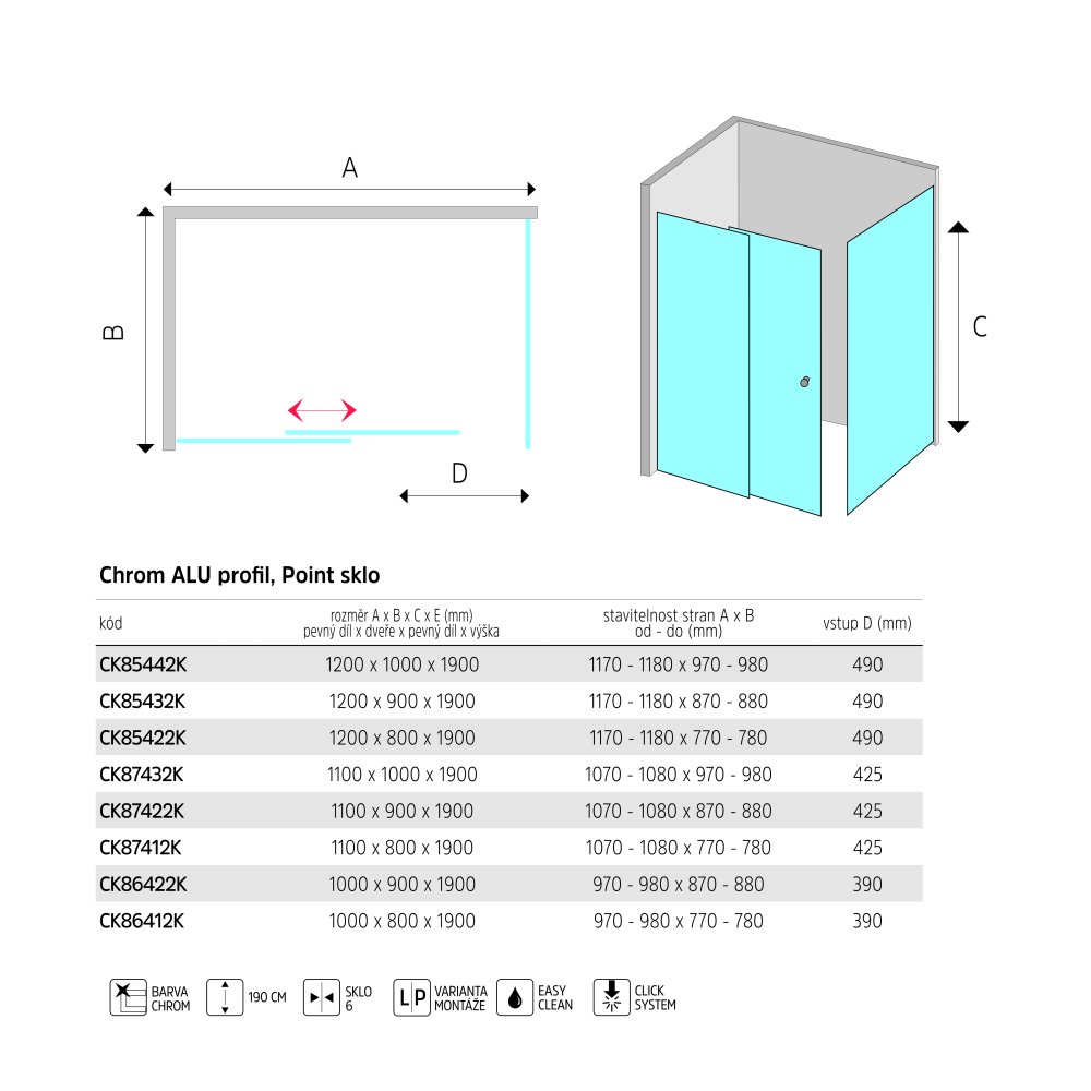 Mereo Sprchový kout, LIMA, obdélník, 100x80x190 cm, chrom ALU, sklo Point