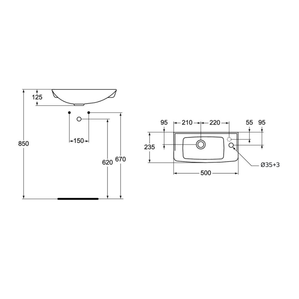 MEREO Umývátko s otvorem pro baterii 50 cm (VSD41 (W449401))
