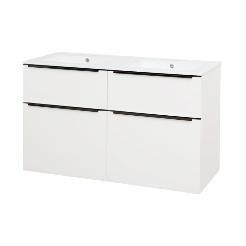 Mereo Mailo, koupelnová skříňka s keramickým umyvadlem 121 cm, bílá, černé madlo