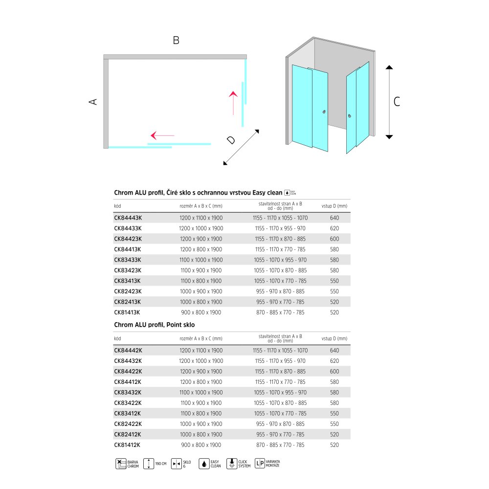 MEREO Sprchový kout, LIMA, obdélník, 100x80 cm, chrom ALU, sklo Point (CK82412K)