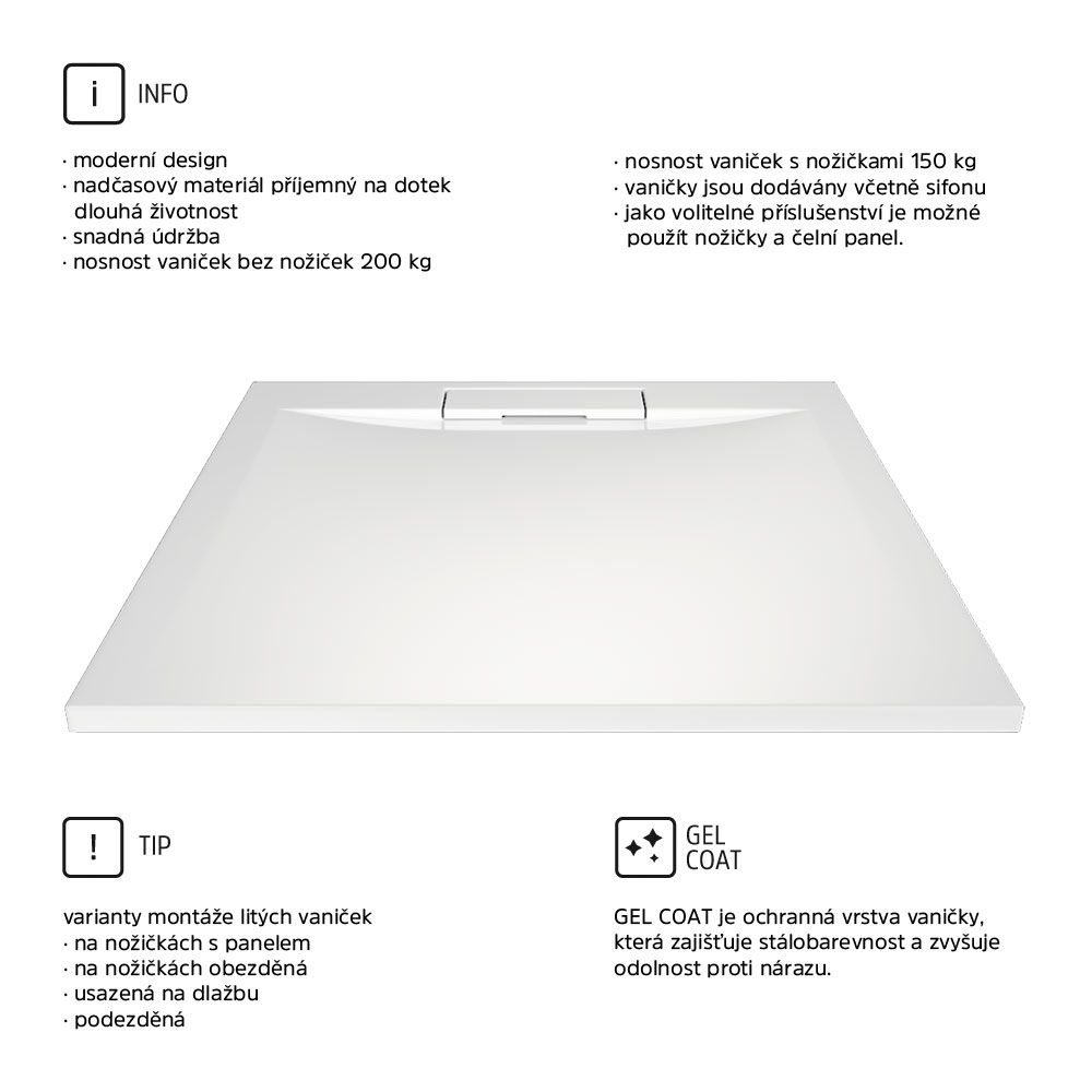 MEREO Čtvercová sprchová vanička s hranatým krytem sif., 90x90x3 cm, vč. sif., bez nožiček, litý mramor (CV35KS)