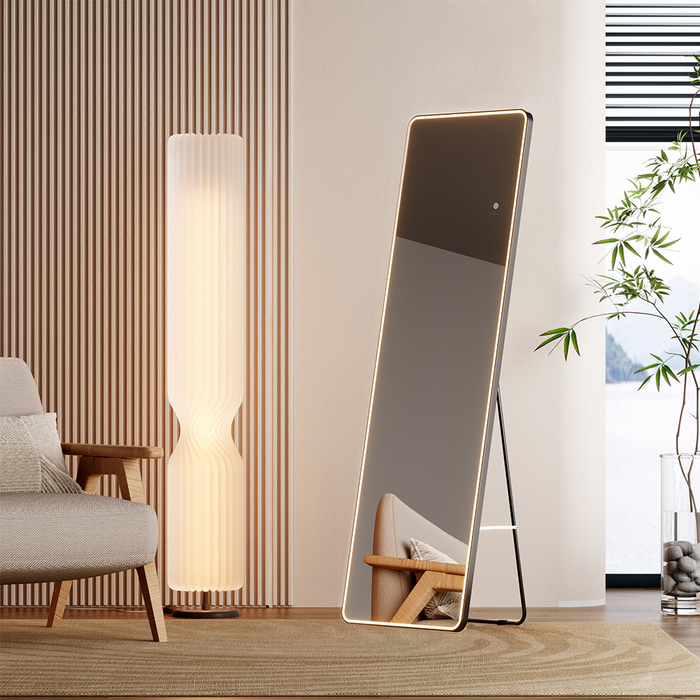 Mereo Zrcadlo hranaté, 50x160 cm, LED osvětlení, závěsné i stojaté, černý rám
