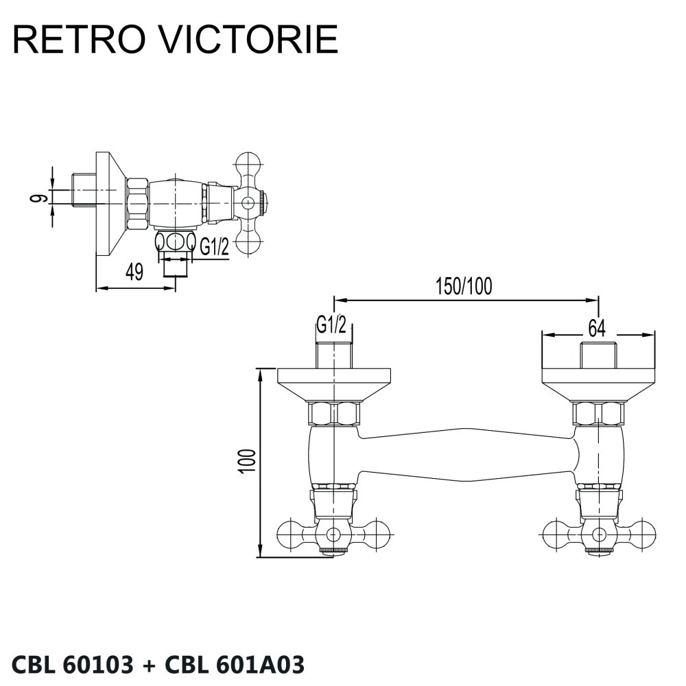 Mereo Sprchová nástěnná baterie, Retro Viktorie, 150 mm, bez příslušenství, chrom