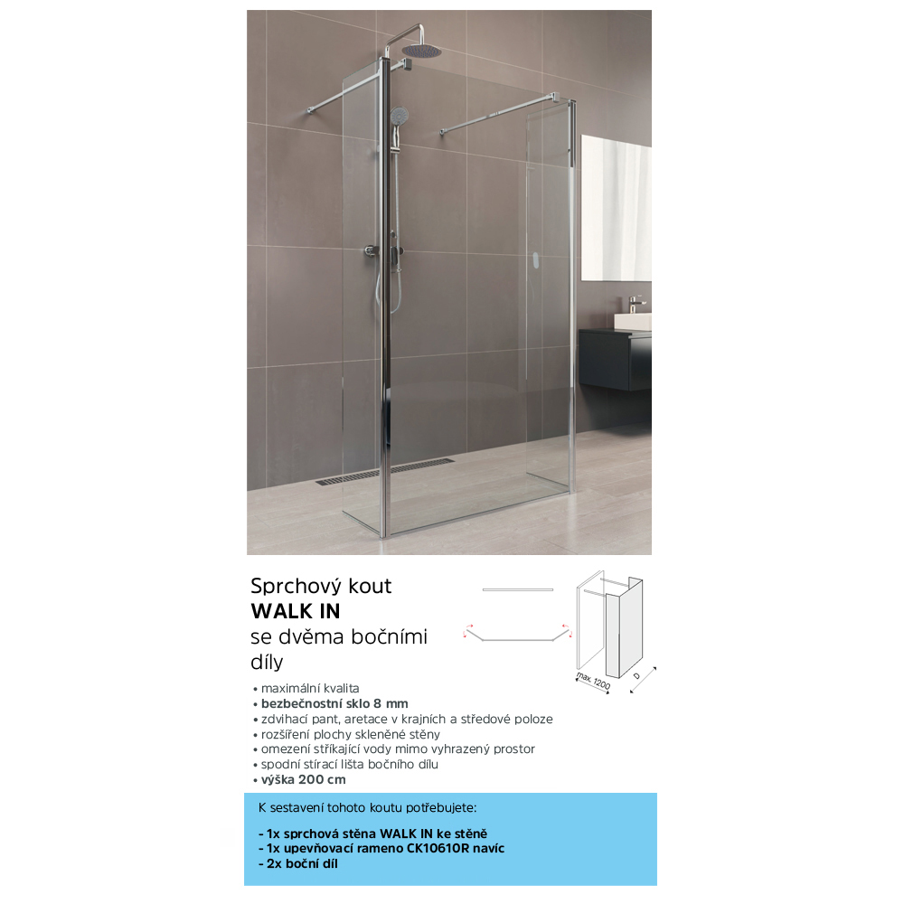 Mereo Boční díl pro WALK IN, Novea, 35 x  200 cm, chrom ALU, sklo Čiré