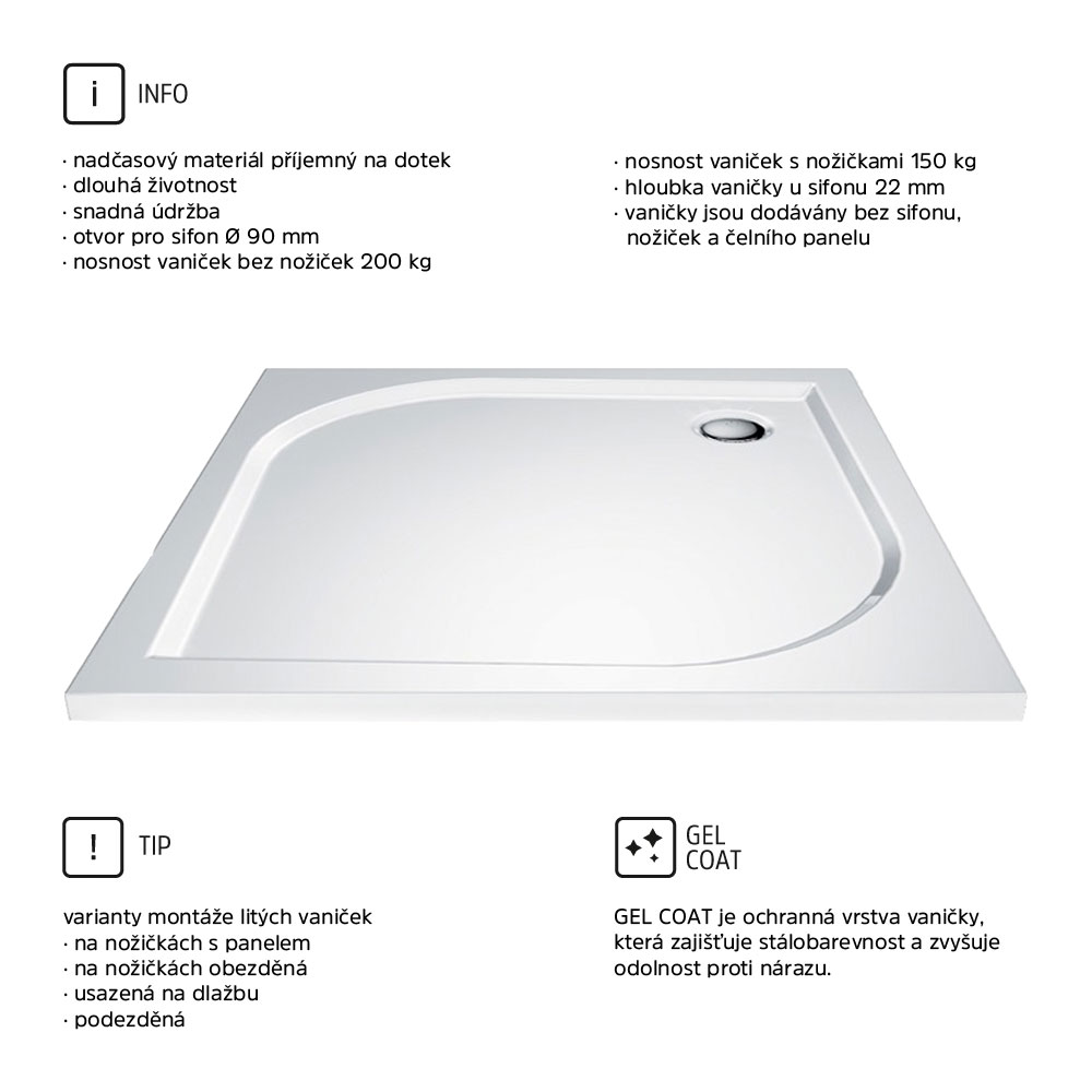 Mereo Čtvercová sprchová vanička, 100x100x3 cm, bez nožiček, litý mramor