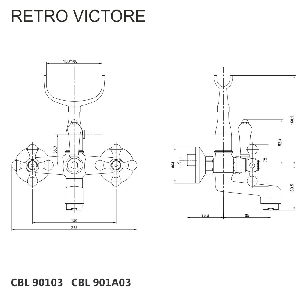 Mereo Vanová nástěnná baterie, Retro Viktorie, 150 mm, bez příslušenství, chrom