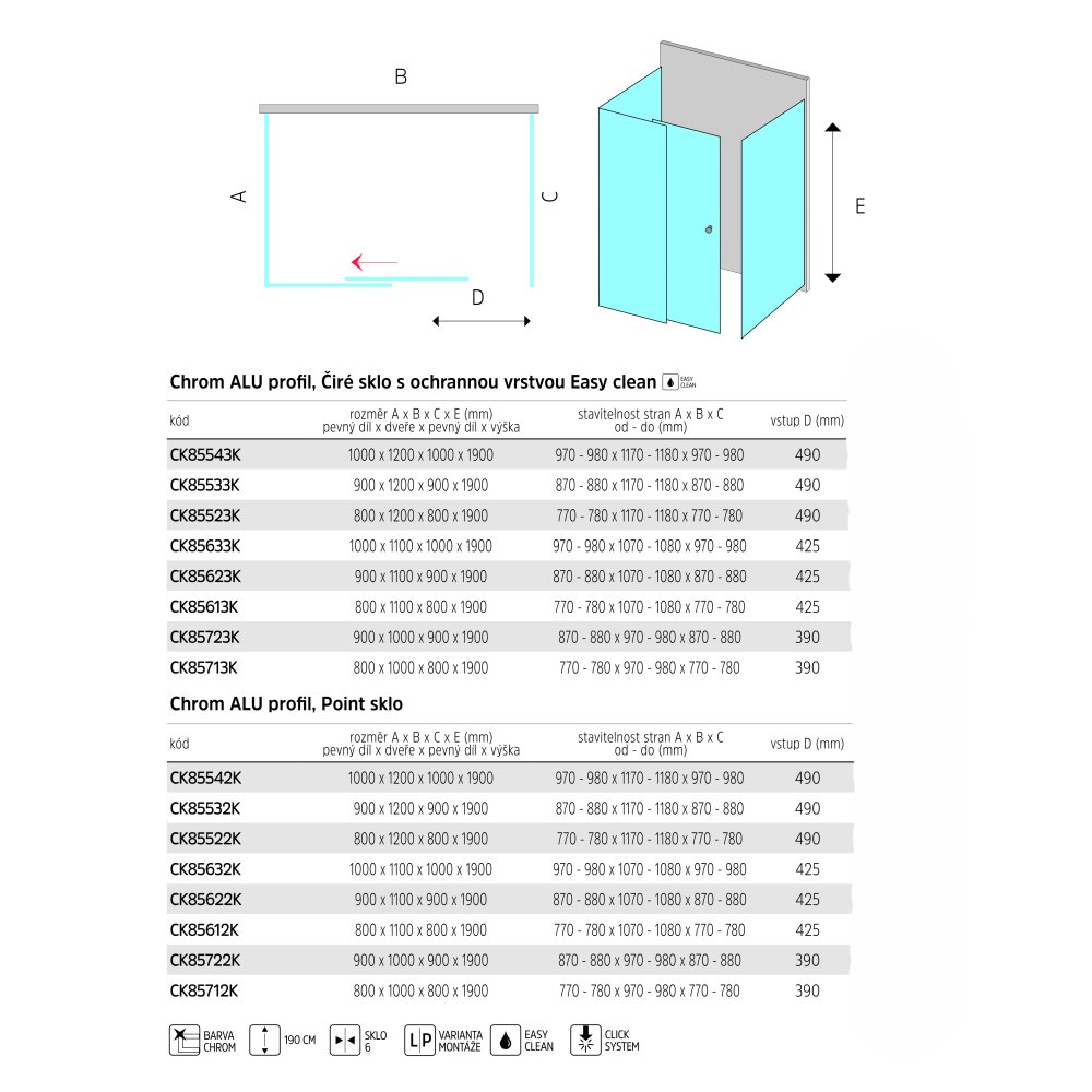 MEREO Sprchový kout, Lima, obdélník, 100x120x100x190 cm, chrom ALU, sklo Point (CK85542K)
