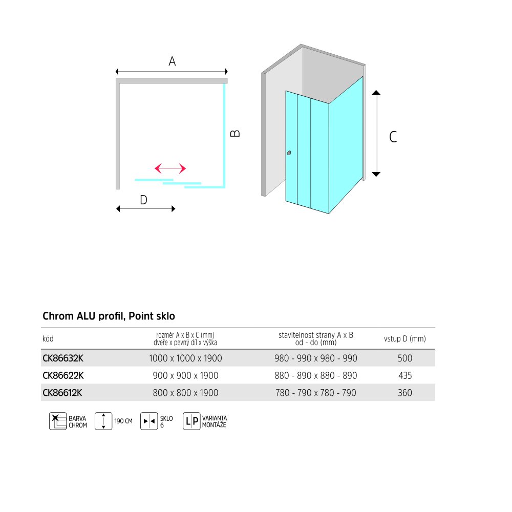 Mereo Sprchový kout, LIMA, čtverec, 90x90x190 cm, chrom ALU, sklo Point