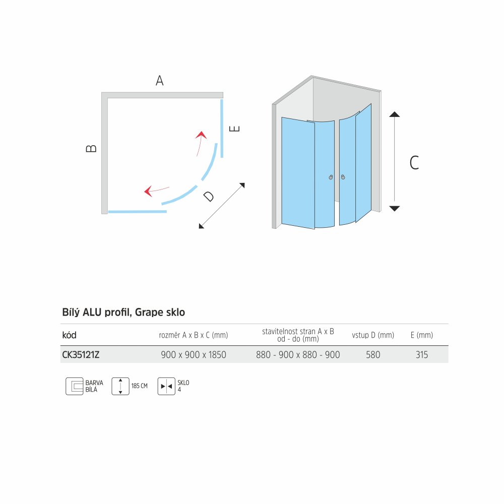Mereo Sprchový kout, Kora Lite, čtvrtkruh, 90 cm, R550, bílý ALU, sklo Grape