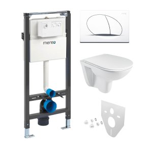 Mereo WC set - Rimless WC oblé, modul pre sadrokartón, biele oválne tlačidlo