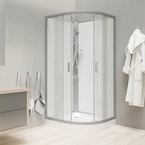 Mereo Sprchový box, štvrťkruh, 90 cm, satin ALU, sklo Point, zadné steny biele, SMC vanička, bez striešky