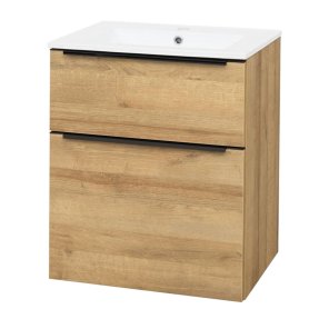 Mereo Mailo, kúpeľňová skrinka s keramickým umývadlom 61 cm, dub Riviera, čierne madlo
