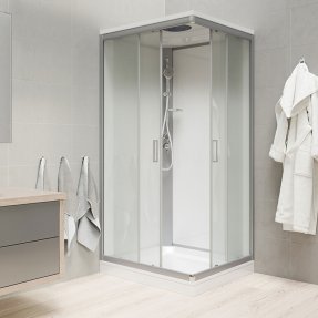 Mereo Sprchový box, štvorcový, 90 cm, satin ALU, sklo Point, z. steny biele, liata vanička, so strieškou