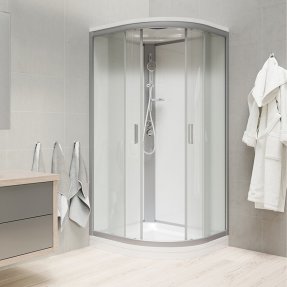 Mereo Sprchový box, štvrťkruh, 90 cm, satin ALU, sklo Point, z. steny bielej, liata vanička, so strieškou