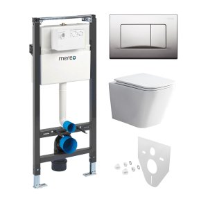 Mereo WC set - Rimless WC hranaté, modul pre sadrokartón, chróm hranaté tlačidlo matné