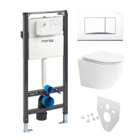 Mereo WC set - Smart flush rimless WC oblé, modul pre sadrokartón, biele hranaté tlačidlo