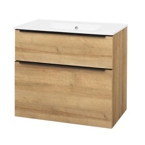 Mereo Mailo, kúpeľňová skrinka s keramickým umývadlom 81 cm, dub Riviera, čierne madlo