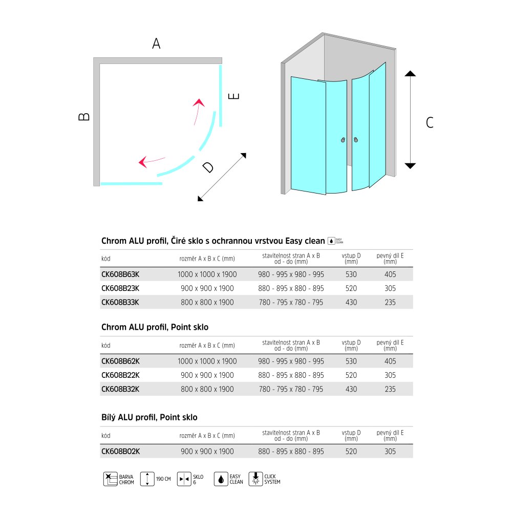 MEREO Sprchový kout, Lima, čtvrtkruh, 80x80x190 cm, R 550, chrom ALU, sklo čiré, vanička litý mramor (CK608B33KM)