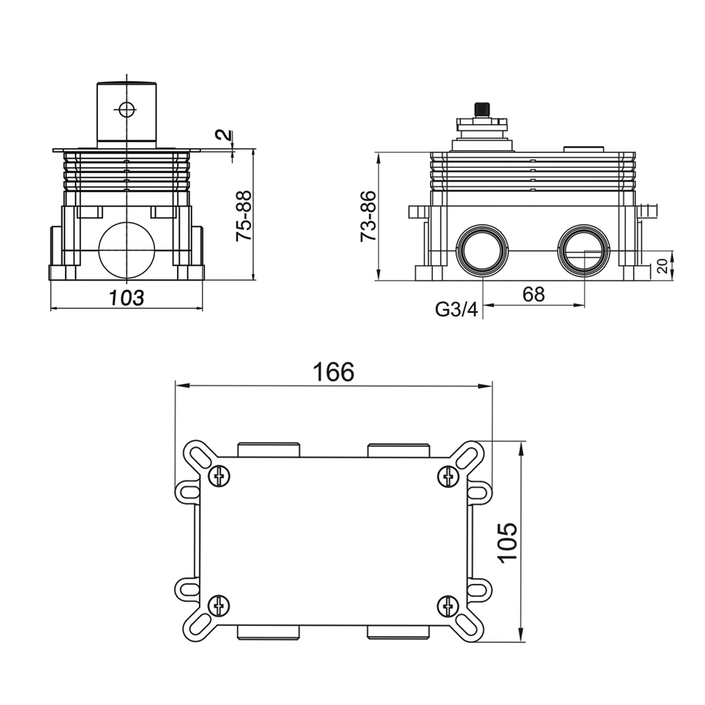 MEREO Termostatická podomítková tlačítková baterie - 2-cestná - bez krytu (CB60101TAB)
