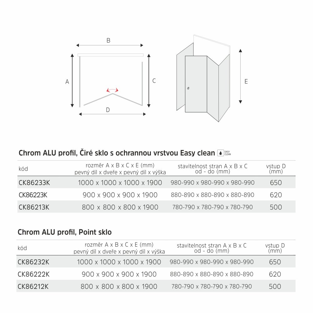 MEREO Sprchový kout, LIMA, čtverec, 90x90x90x190 cm, chrom ALU, sklo Point (CK86222K)