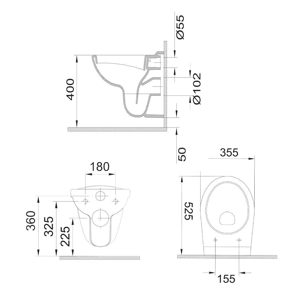 Mereo WC závěsné, RIMLESS, 530x355x360, keramické, vč. sedátka CSS124