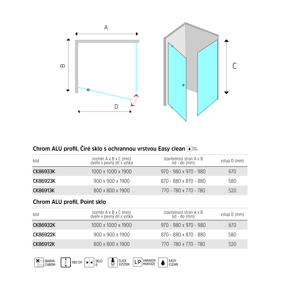 Mereo Sprchový kout, Lima, čtverec, 80x80x190 cm, chrom ALU, sklo Point, dveře pivotové