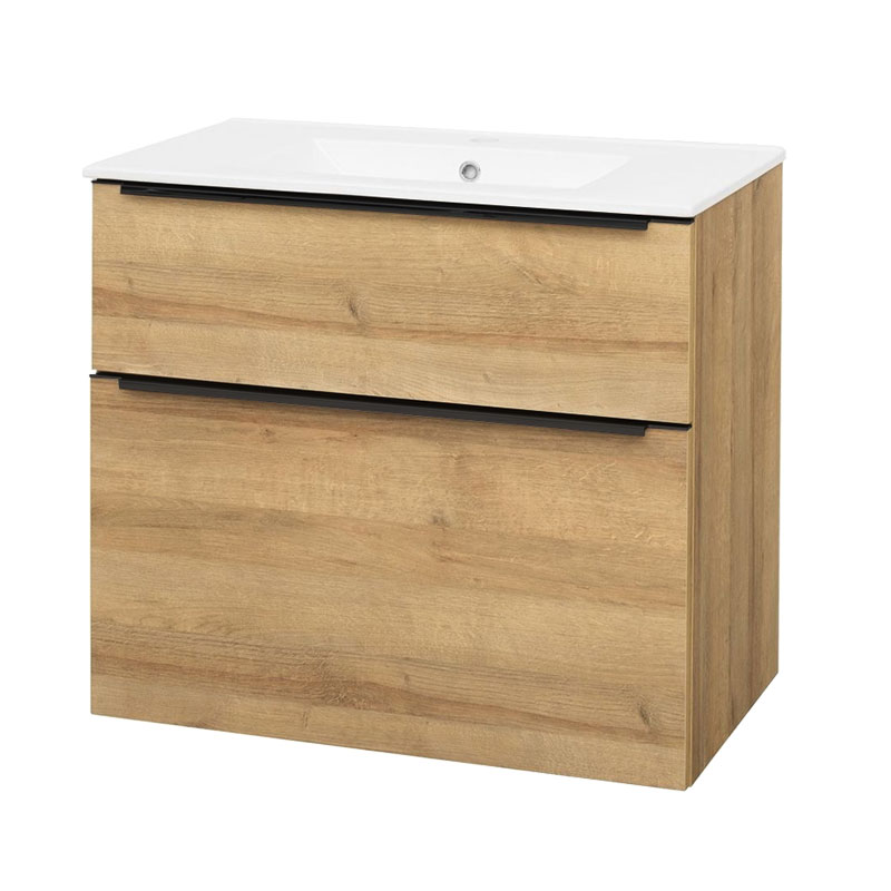 Mereo Mailo, koupelnová skříňka s keramickým umyvadlem 81 cm, dub Riviera, černé madlo