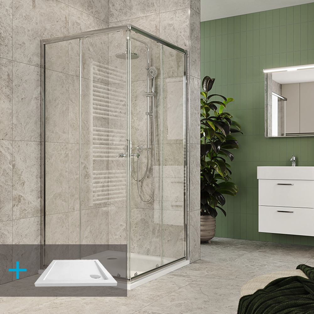 MEREO Kora Lite sprchový set: sprchový kout 90x90x185 cm, chrom ALU, sklo čiré, 90 cm, vanička, sifon (CK34123ZN)