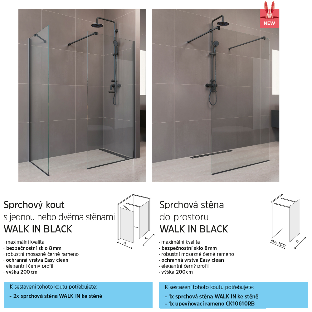Mereo Sprchová stěna WALK IN, Novea, 70 x 200 cm, Black ALU, sklo Čiré
