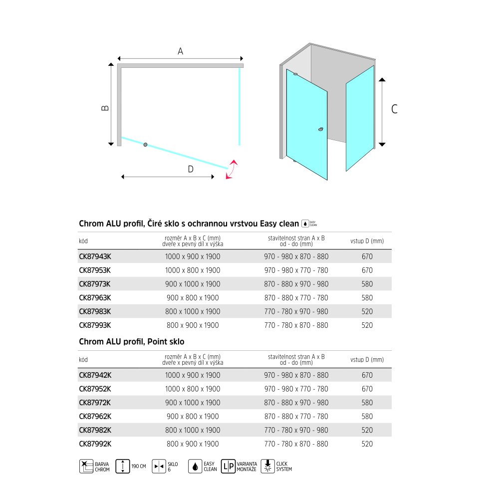 Mereo Sprchový kout, Lima, obdélník, 80x90x190 cm, chrom ALU, sklo Point