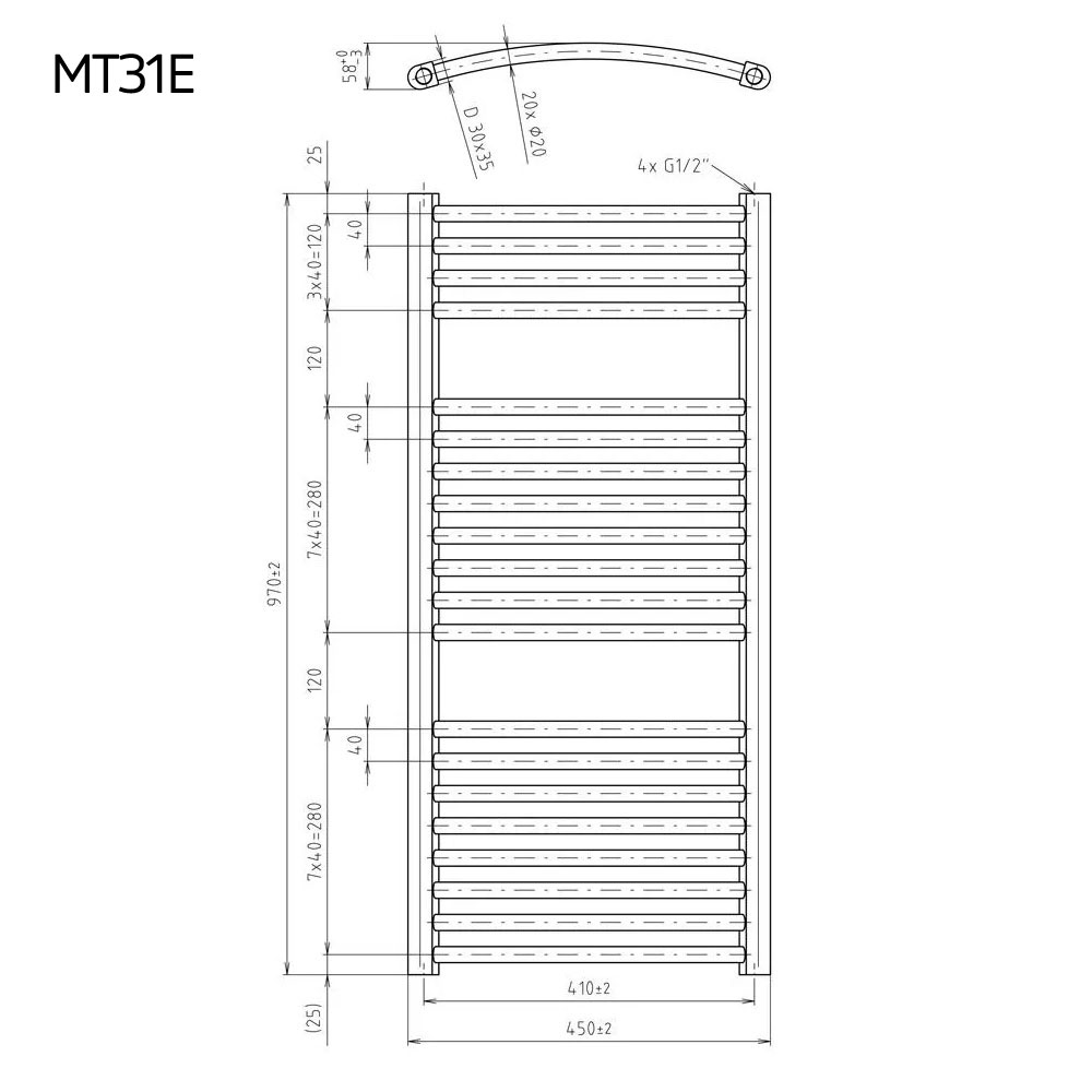Mereo Otopný žebřík oblý 450x970 mm, bílý, elektrický