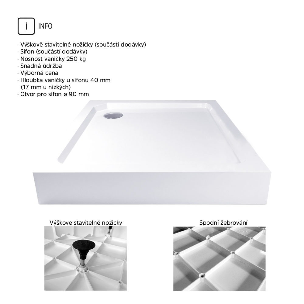 Mereo Čtvercová sprchová vanička, 90x90x14 cm, SMC, bílá, včetně nožiček a sifonu