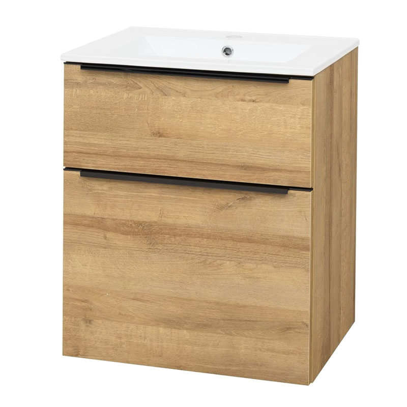 MEREO Mailo, koupelnová skříňka s keramickým umyvadlem 61 cm, dub Riviera, černé madlo (CN520B)