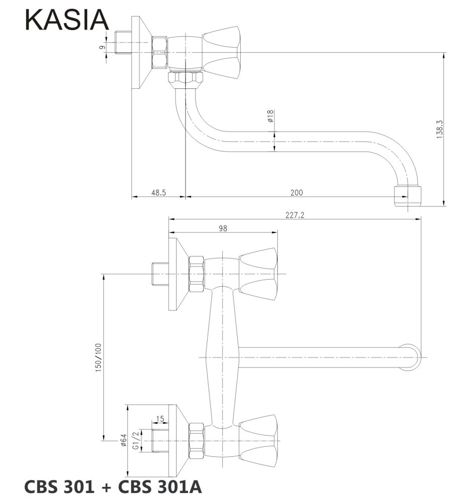 Mereo Dřezová nástěnná baterie, Kasia, 100 mm, s ramínkem trubkovým ø 18 mm - 200 mm, chrom