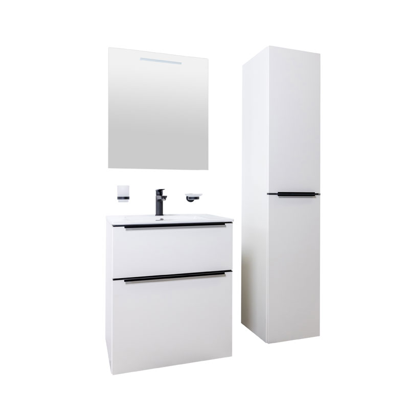 MEREO Mailo, koupelnová skříňka s keramickým umyvadlem 61 cm, bílá, mat, černé madlo (CN540B)
