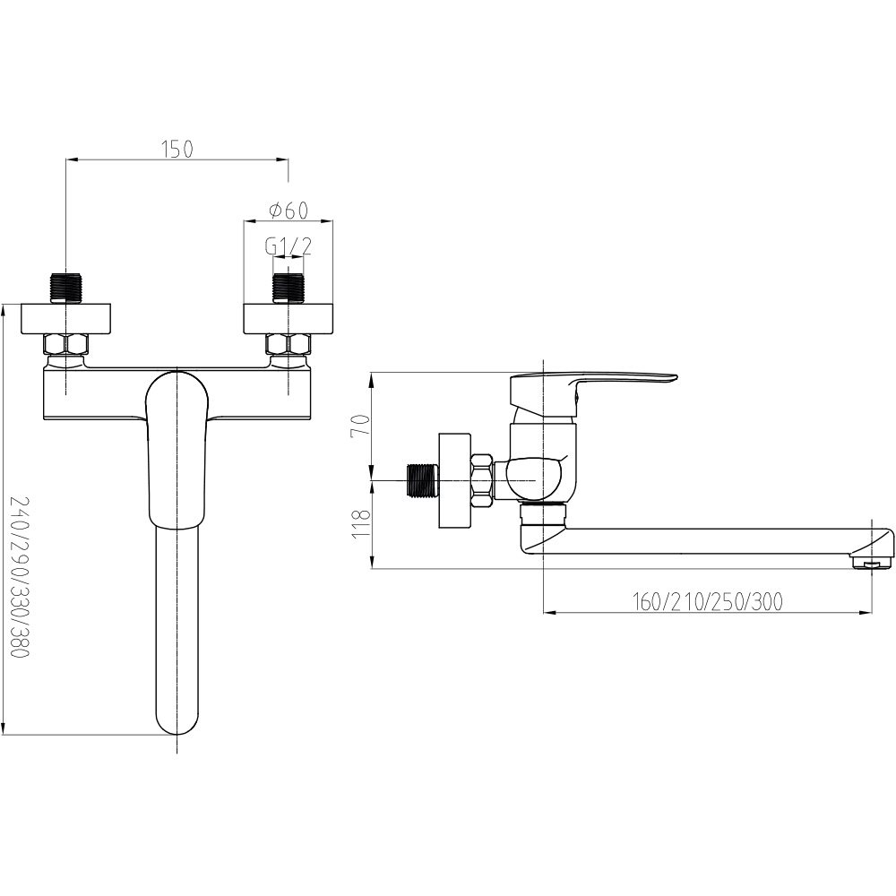 Mereo Dřezová nástěnná baterie, Pego, 150 mm, s ramínkem plochým rovným 160 mm, chrom (CB30202P)