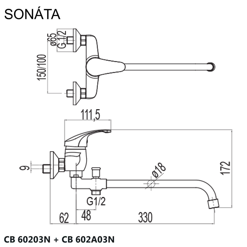 Mereo Nástěnná baterie do byt. jádra, Sonáta, 150 mm, s trubkovým ramínkem 330 mm, bez příslušentví, chrom