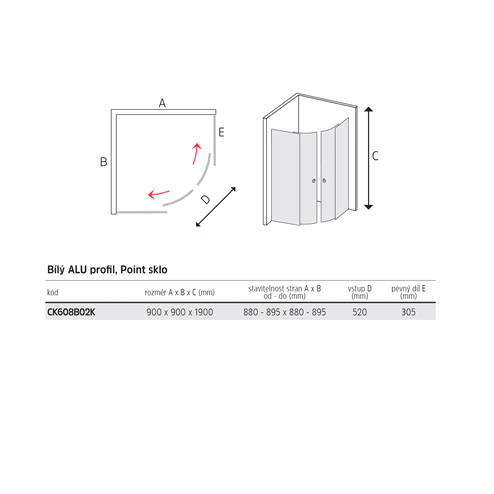 Mereo Sprchový kout, Lima, čtvrtkruh, 90x90x190 cm, R 550, bílý ALU, sklo Point