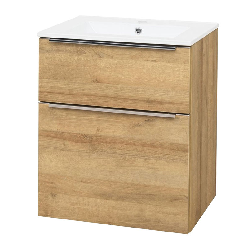 MEREO Mailo, koupelnová skříňka s keramickým umyvadlem 61 cm, dub Riviera, chrom madlo (CN520)