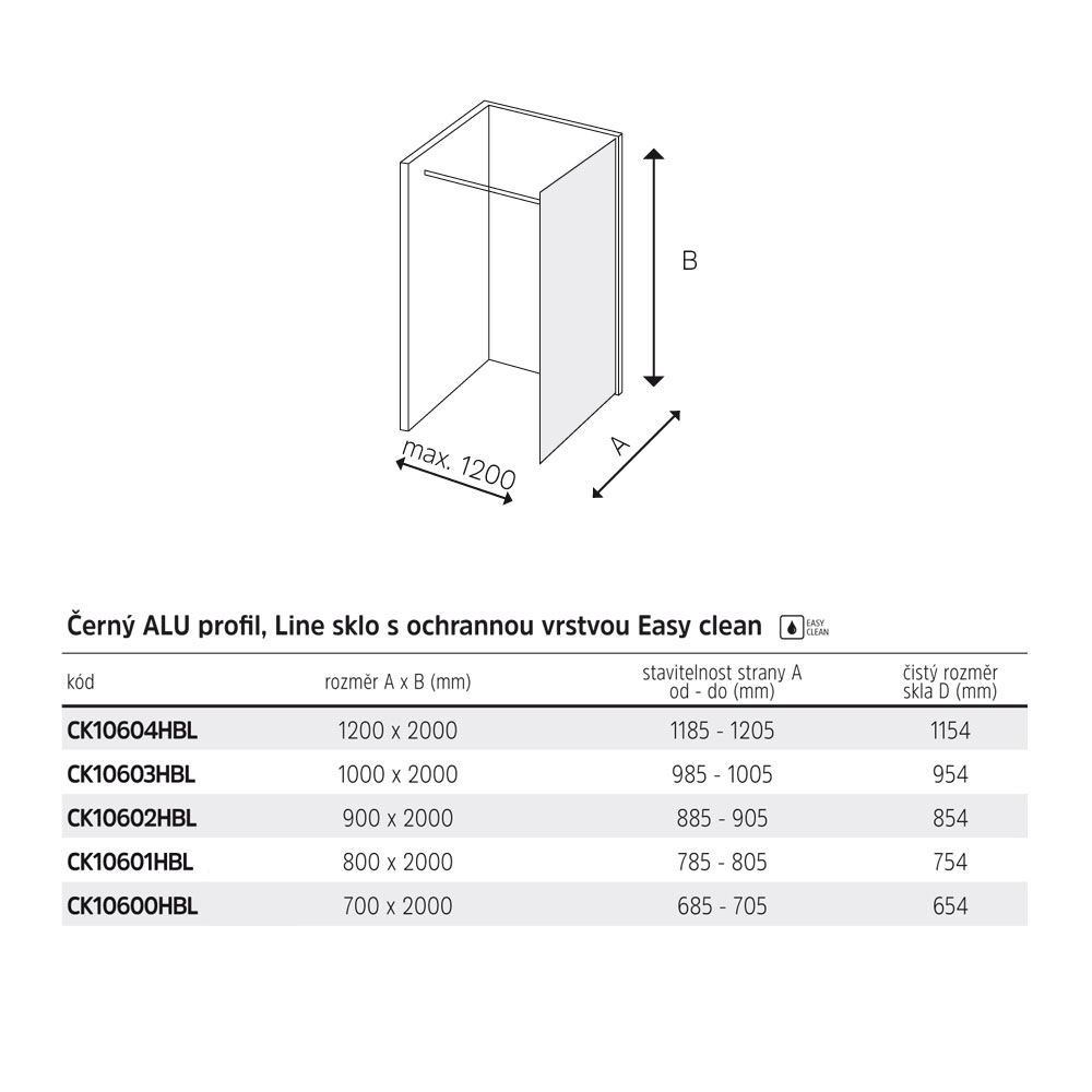Mereo Sprchová stěna WALK IN, Novea, 120 x 200 cm, black ALU, sklo Line