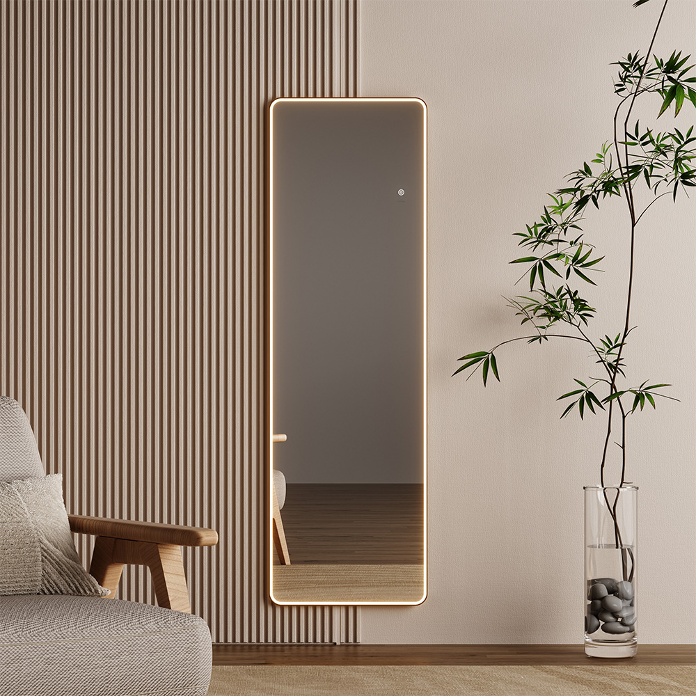 Mereo Zrcadlo hranaté, 50x160 cm, LED osvětlení, závěsné i stojaté, černý rám