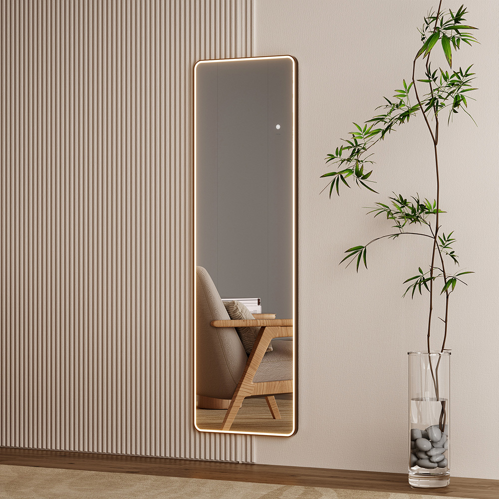 Mereo Zrcadlo hranaté, 50x160 cm, LED osvětlení, závěsné i stojaté, černý rám