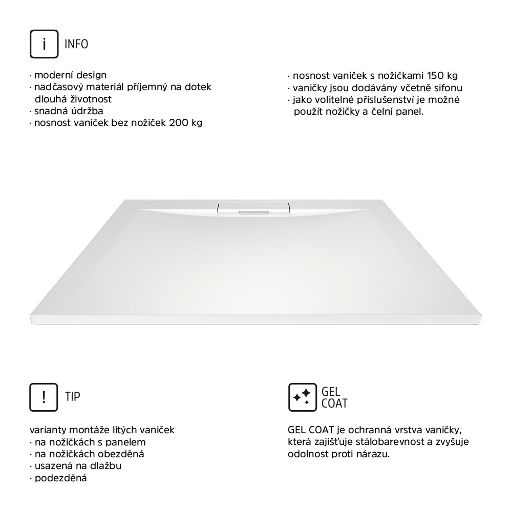 Mereo Obdélníková sprchová vanička s hranatým krytem sif.,120x90x3 cm, vč. sif., bez nožiček, litý mramor