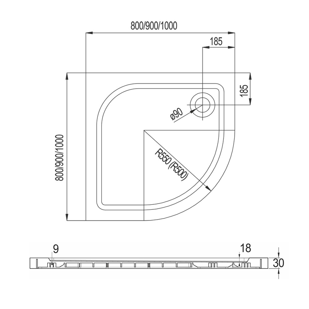Mereo Čtvrtkruhová sprchová vanička, 80x80x3 cm, R550, bez nožiček, litý mramor