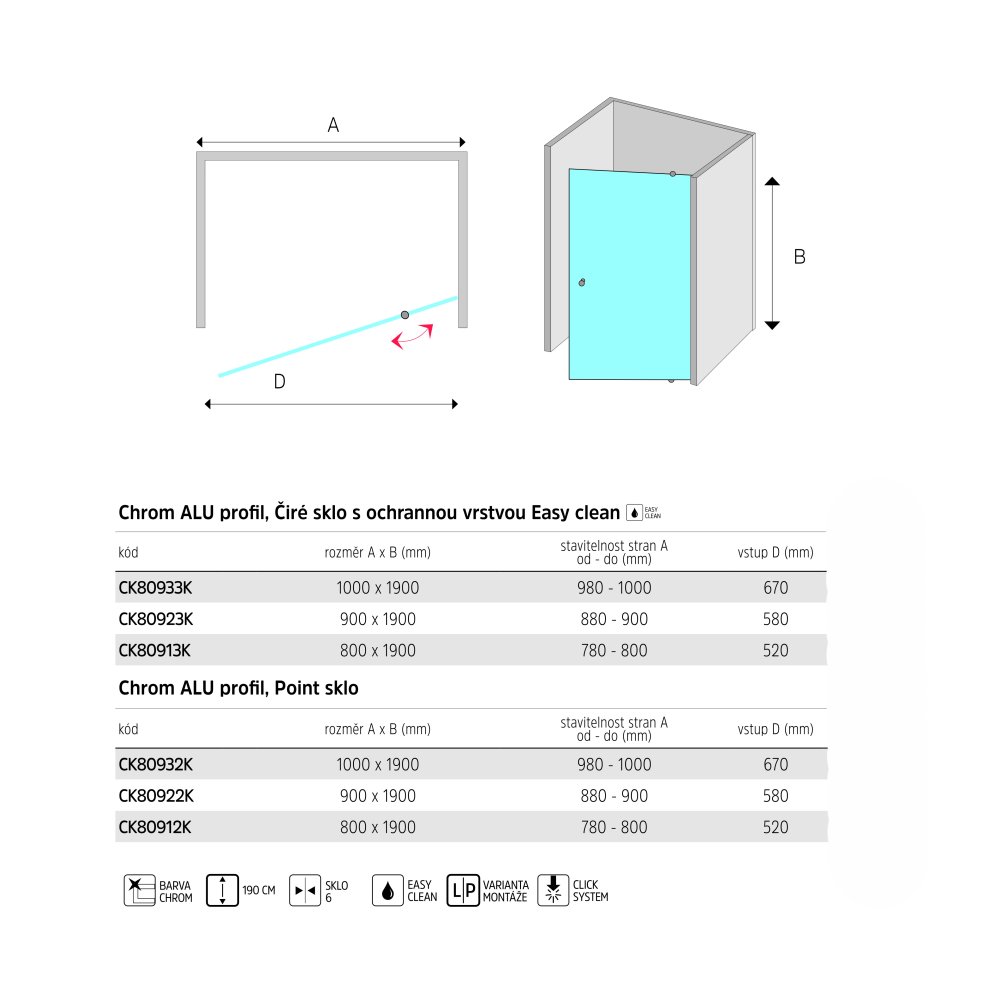 MEREO Sprchové dveře, Lima, pivotové, 100x190 cm, chrom ALU, sklo Point 6 mm (CK80932K)