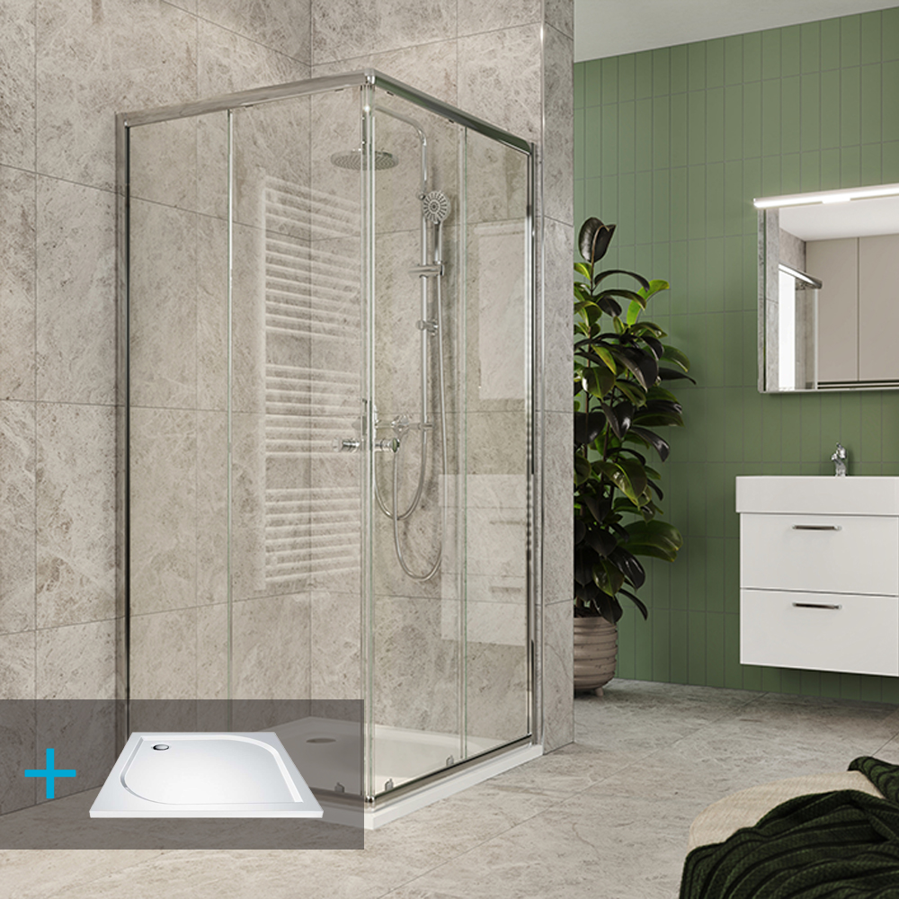 MEREO Kora Lite sprchový set: sprchový kout 90x90x185cm, chrom ALU, sklo čiré, 90 cm, vanička, sifon (CK34123ZM)