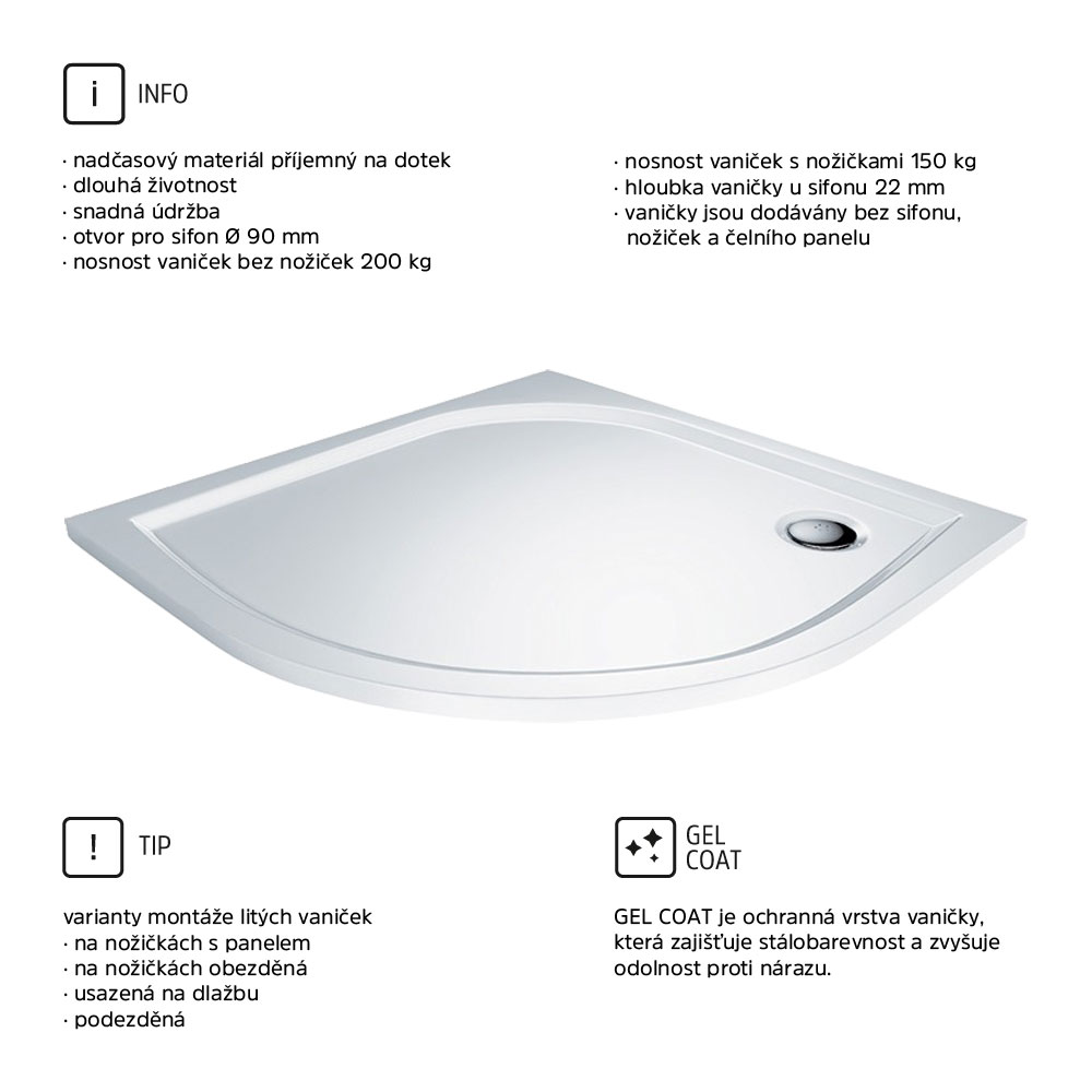 Mereo Čtvrtkruhová sprchová vanička, 80x80x3 cm, R550, bez nožiček, litý mramor